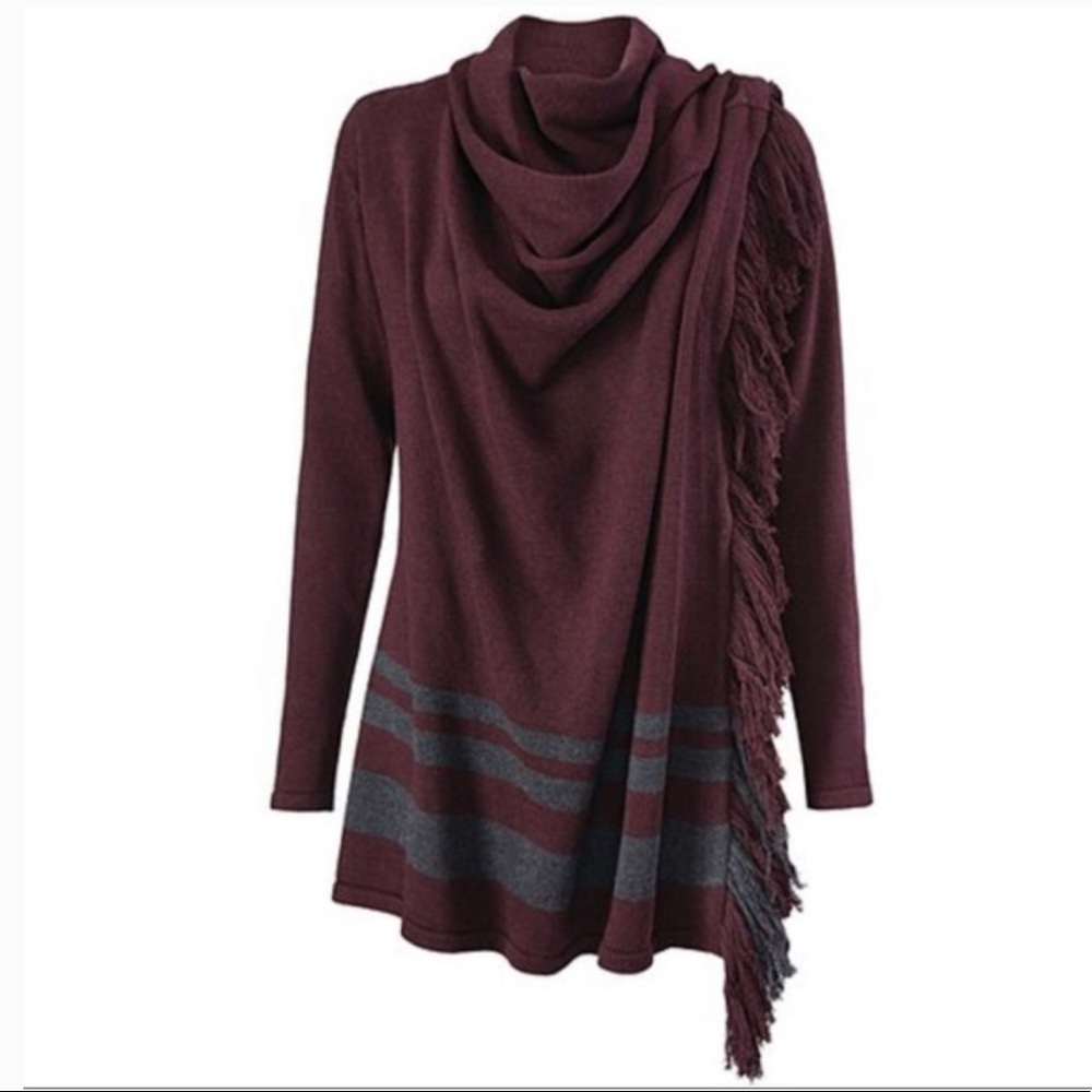 * CAbi Burgundy Fringe Wrap Cardigan
